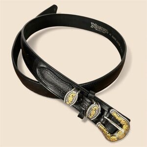 Nocona Black Leather Western Belt 46 | Two-Tone Silver & Gold Buckle | Tooled